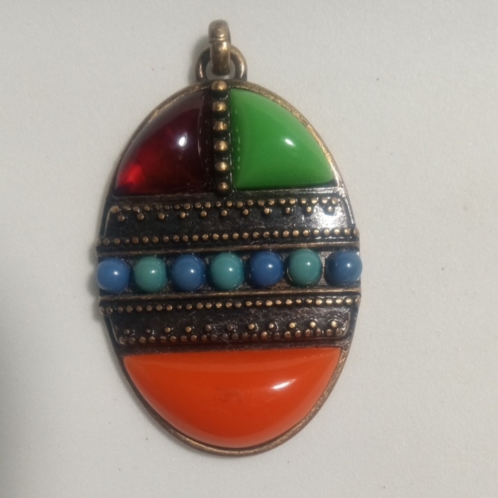 Boho Vintage Multi-Color Resin Statement Pendant 🌙 Brass Tone Ethnic Motif